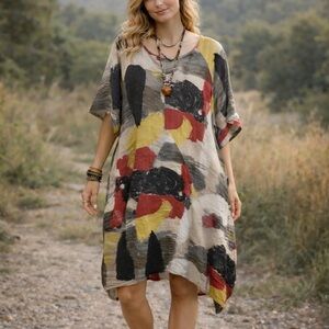 T by Transparente Lagenlook Multi Abstract Linen Maxi Dress Pockets size XL